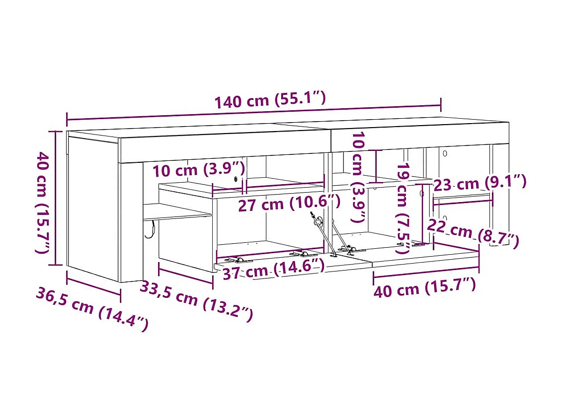 Móvel de TV com luzes LED 140x36,5x40 cm preto