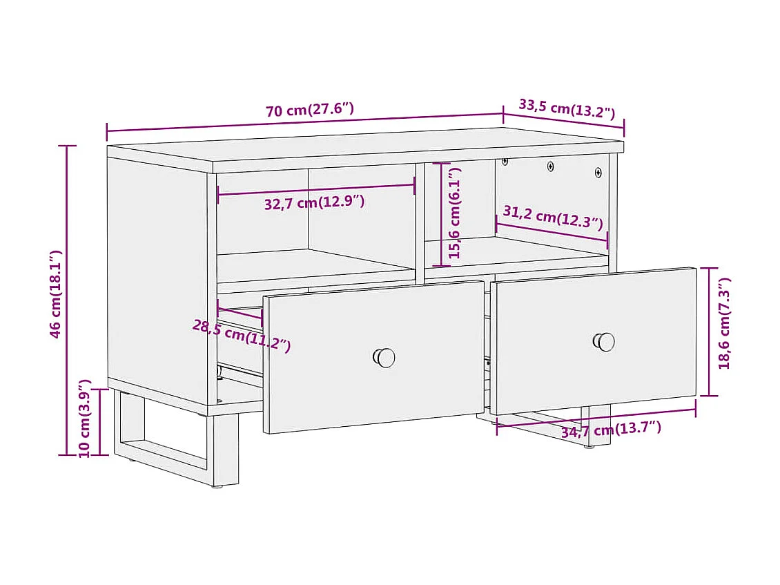 Meuble TV marron et noir 70x33,5x46 cm bois massif de manguier