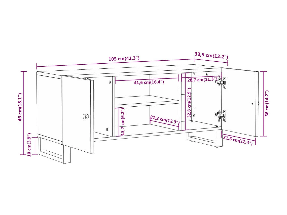 Meuble TV marron et noir 105x33,5x46 cm bois massif manguier