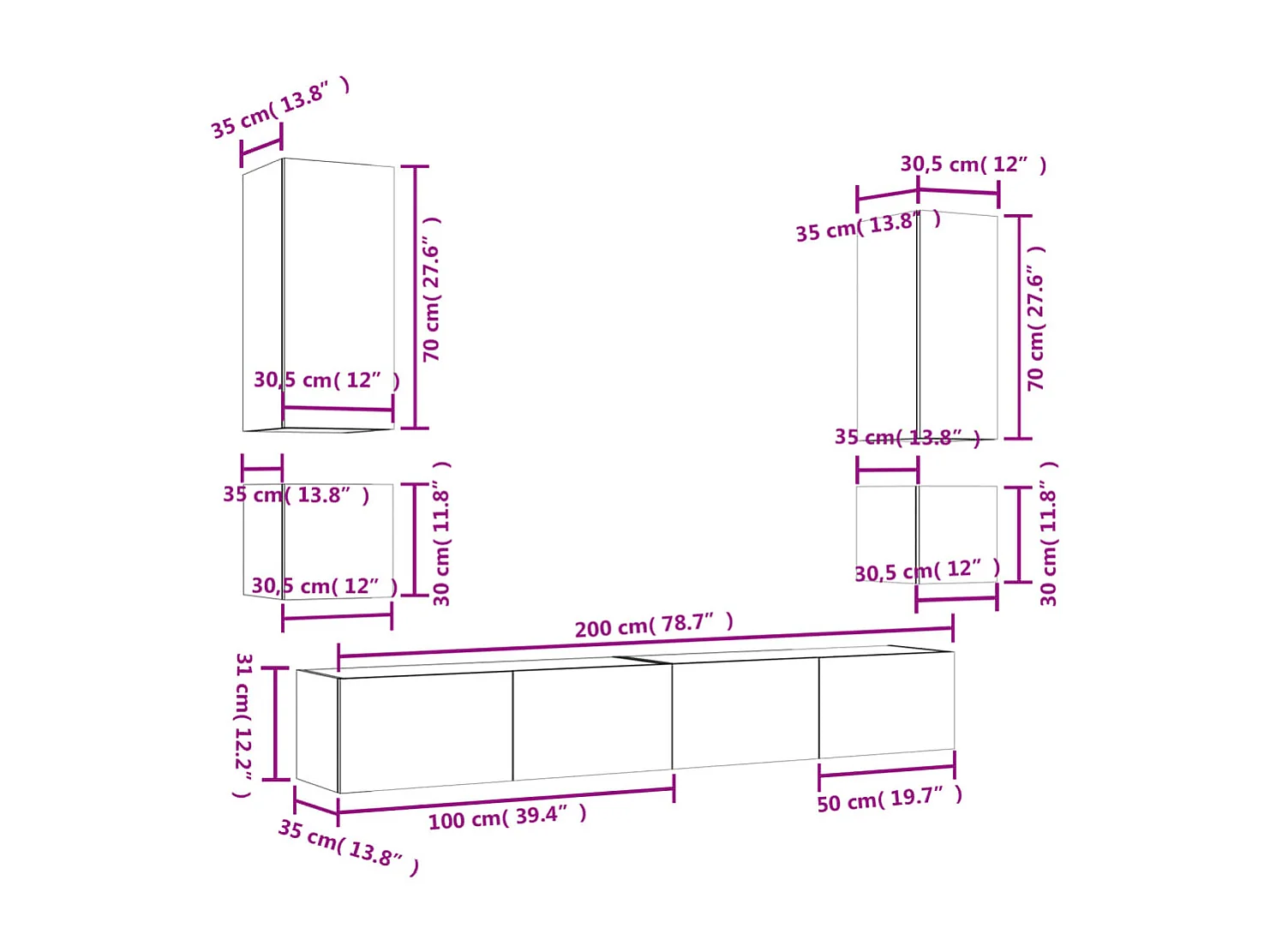 6 pcs móveis de parede para TV com luzes LED carvalho sonoma