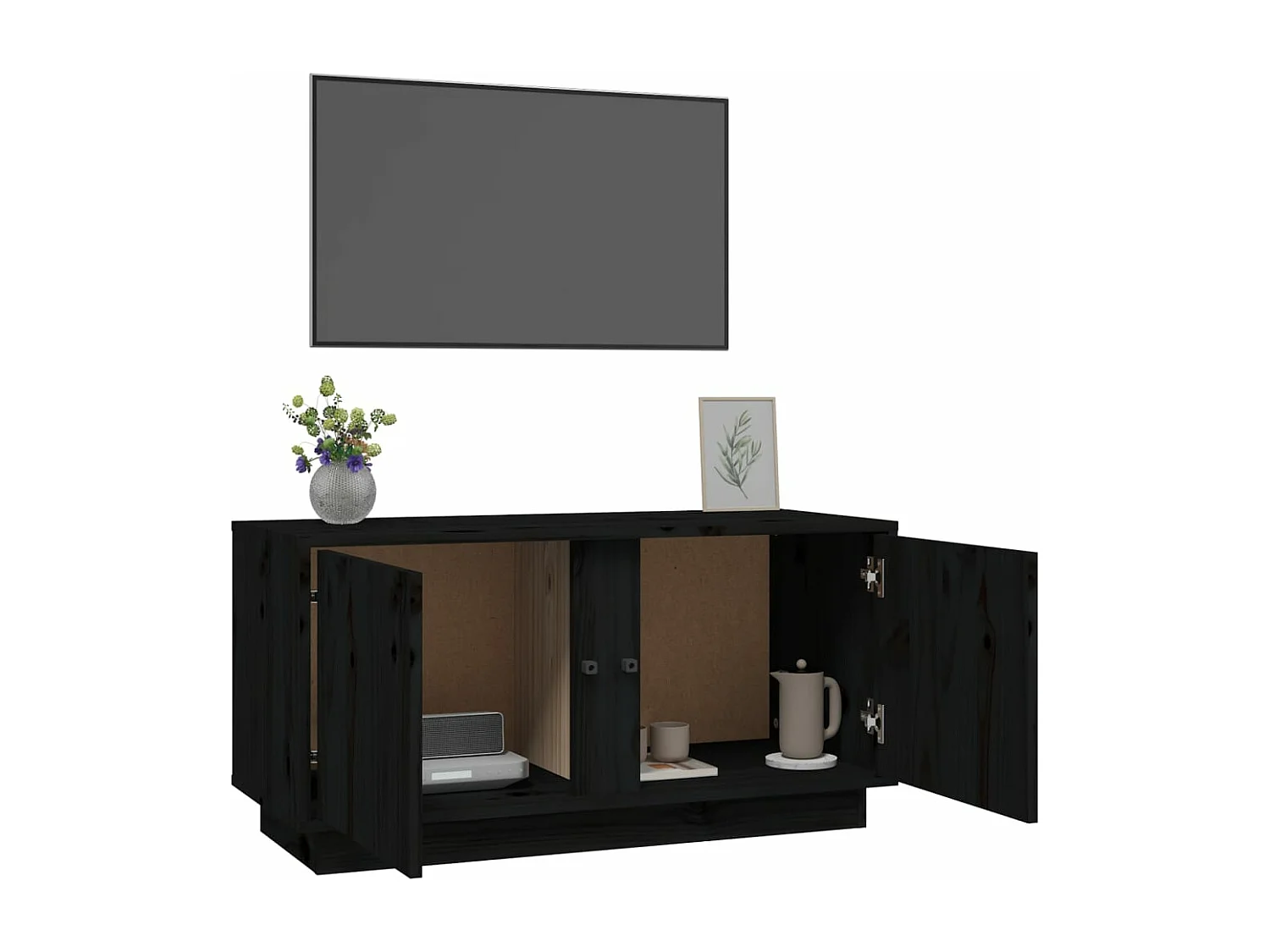 Mobile Porta TV Nera 80x35x40,5 cm in Legno Massello di Pino