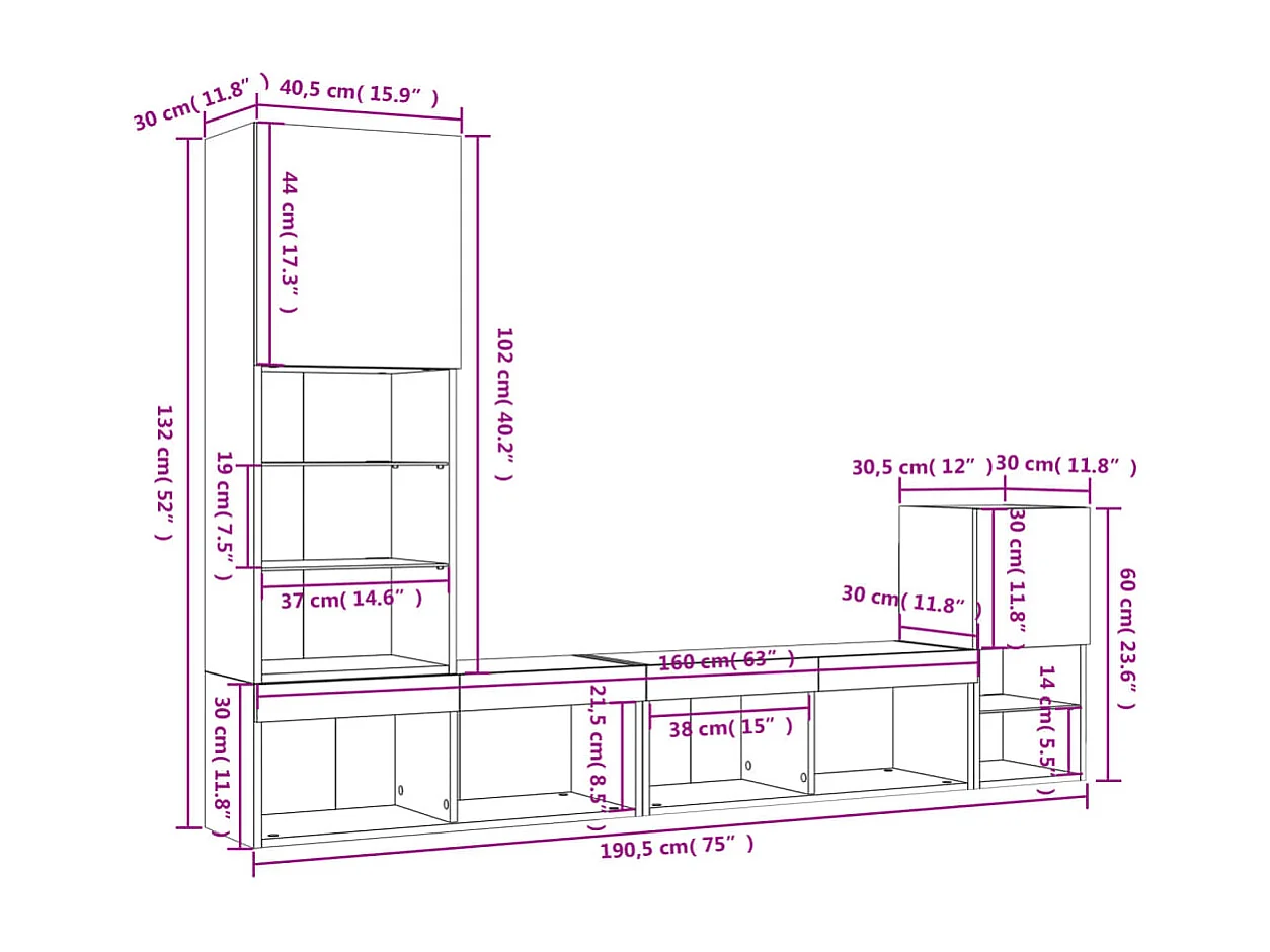 4-tlg. Wohnwand mit LED-Beleuchtung Sonoma-Eiche Holzwerkstoff