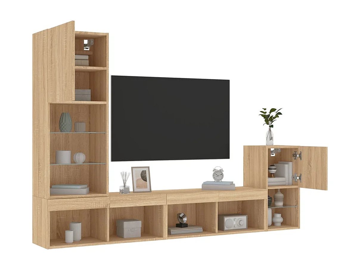 4-tlg. Wohnwand mit LED-Beleuchtung Sonoma-Eiche Holzwerkstoff