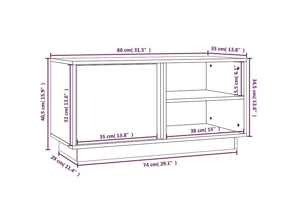 Meuble TV Blanc 80x35x40,5 cm Bois de pin massif