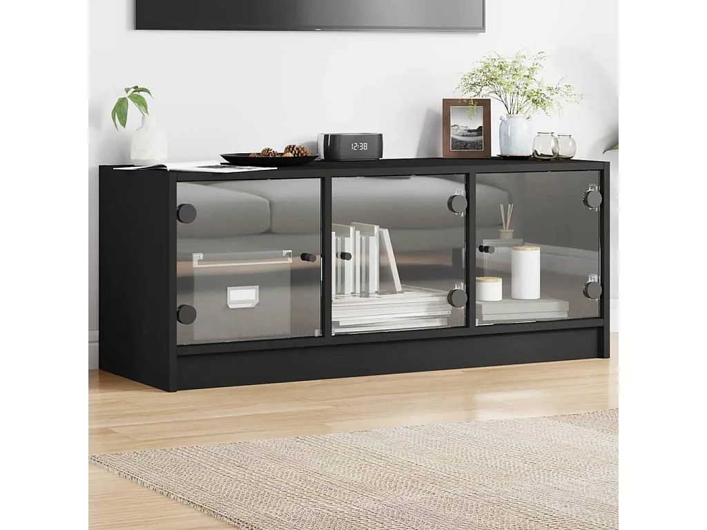 Meuble TV avec portes en verre noir 102x37x42 cm
