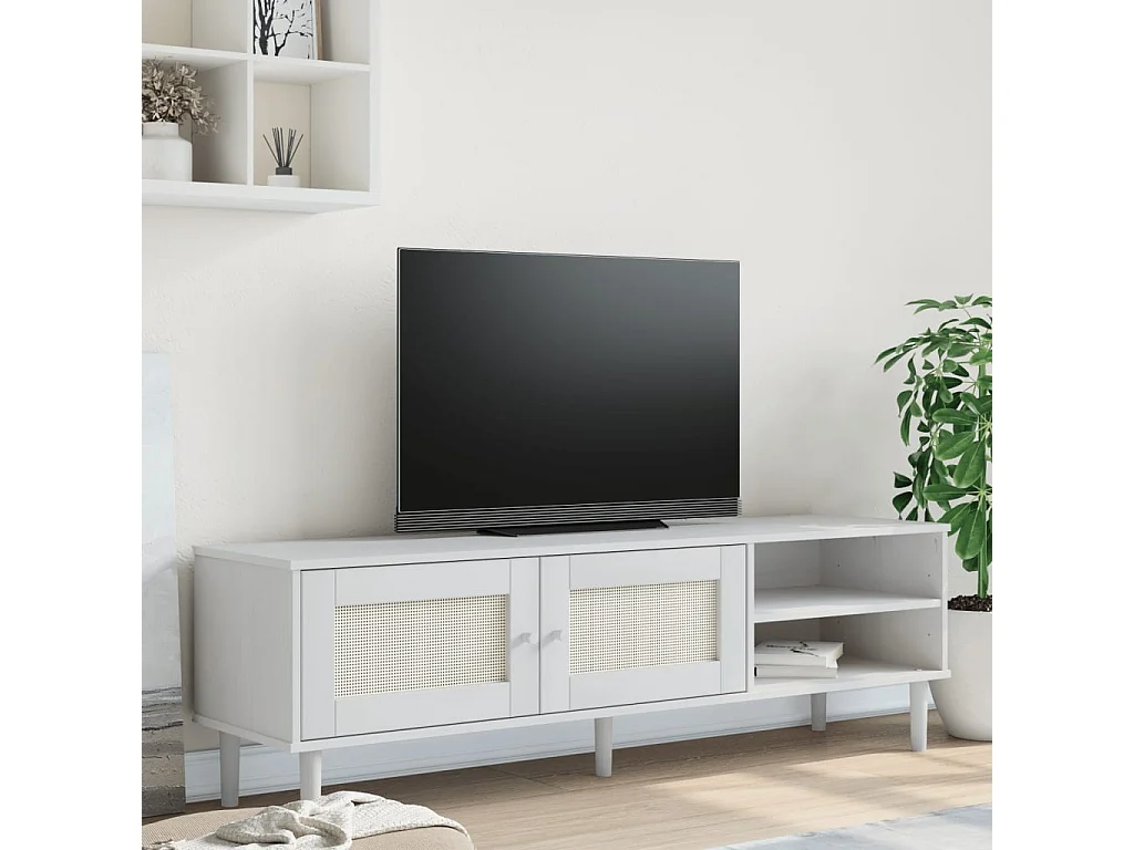 Tv-meubel SENJA 158x40x49 cm rattan-look massief grenenhout wit