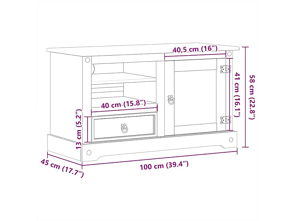 TV-Schrank Corona 100x45x58 cm Massivholz Kiefer