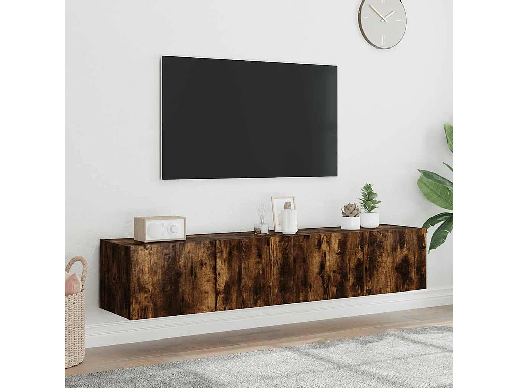 Meubles TV muraux et lumières LED 2pcs chêne fumé 80x35x31 cm