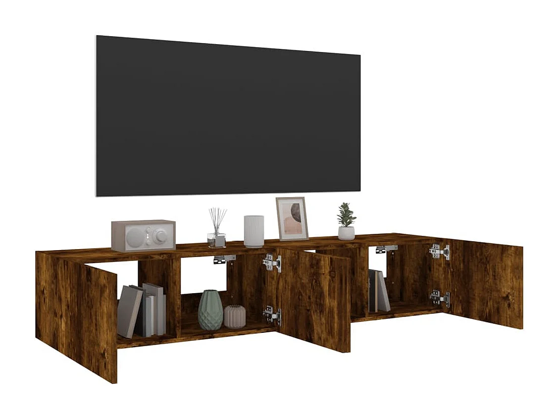 Meubles TV muraux et lumières LED 2pcs chêne fumé 80x35x31 cm
