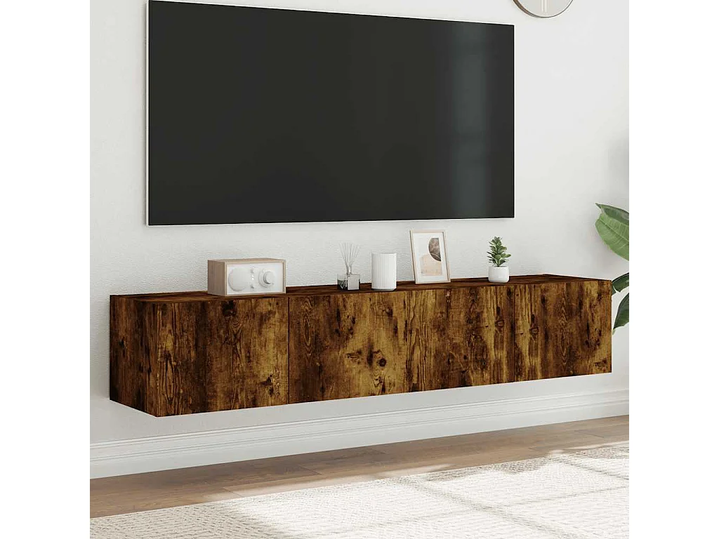 Meubles TV muraux et lumières LED 2pcs chêne fumé 80x35x31 cm