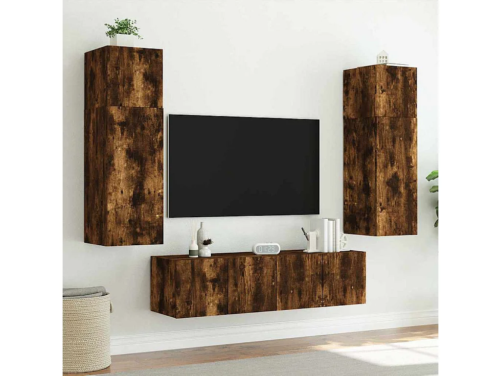 Meubles TV muraux et lumières LED 2pcs chêne fumé 80x35x31 cm