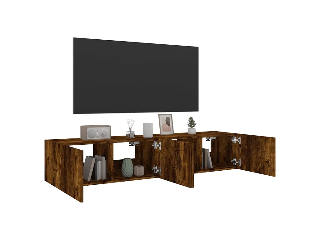 Meubles TV muraux et lumières LED 2pcs chêne fumé 80x35x31 cm
