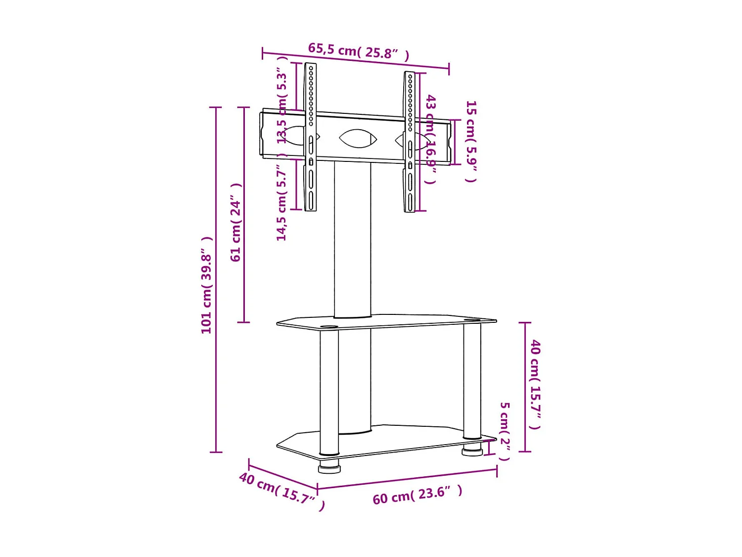 Meuble TV d'angle 2 niveaux pour 32-70 pouces noir argenté