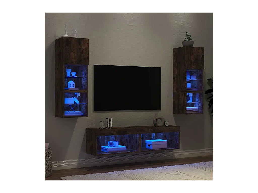 6-delige tv-wandmeubelset met LED bewerkt hout gerookt eiken