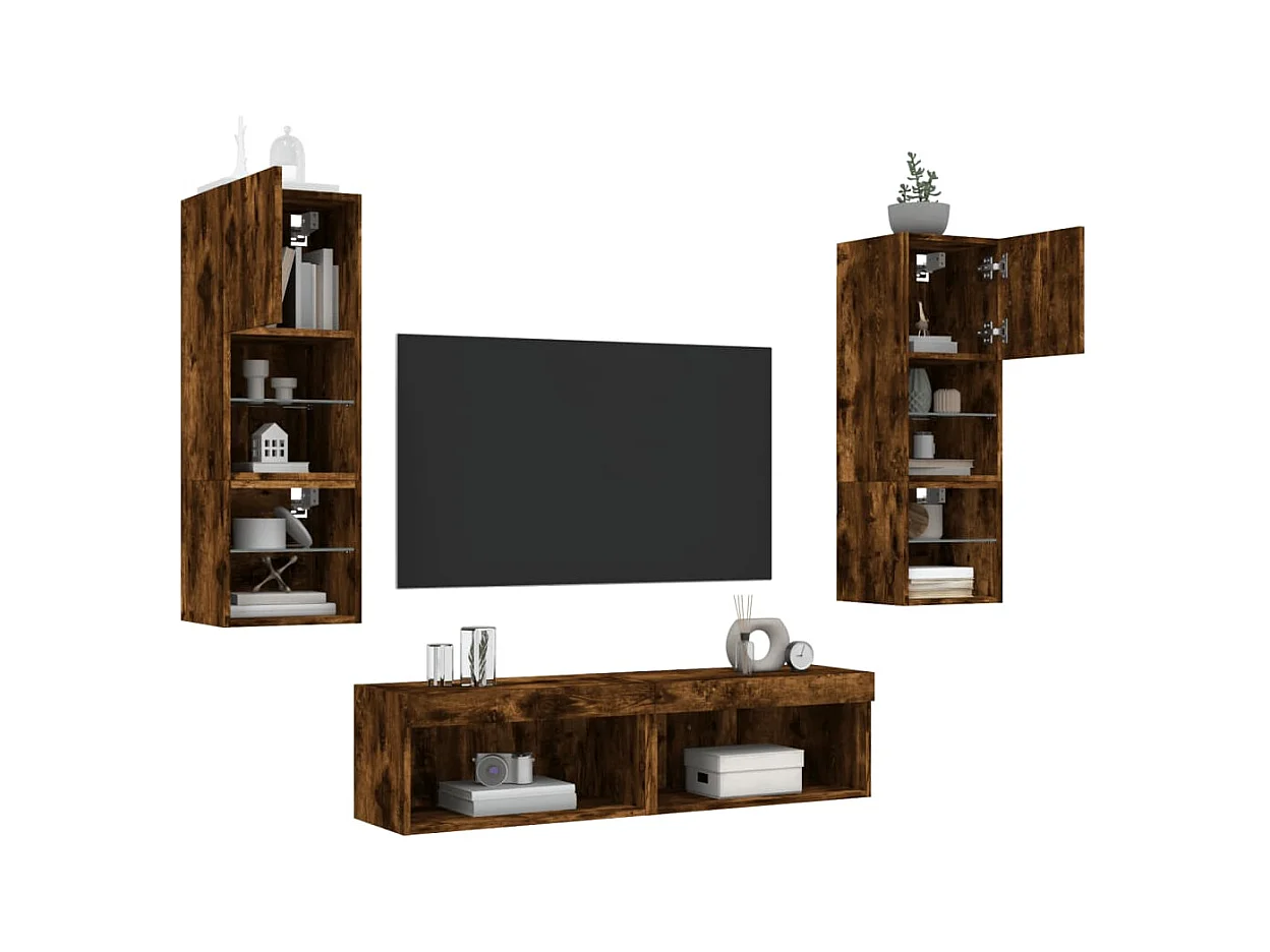 Unités murales TV avec LED 6 pcs chêne fumé bois d'ingénierie