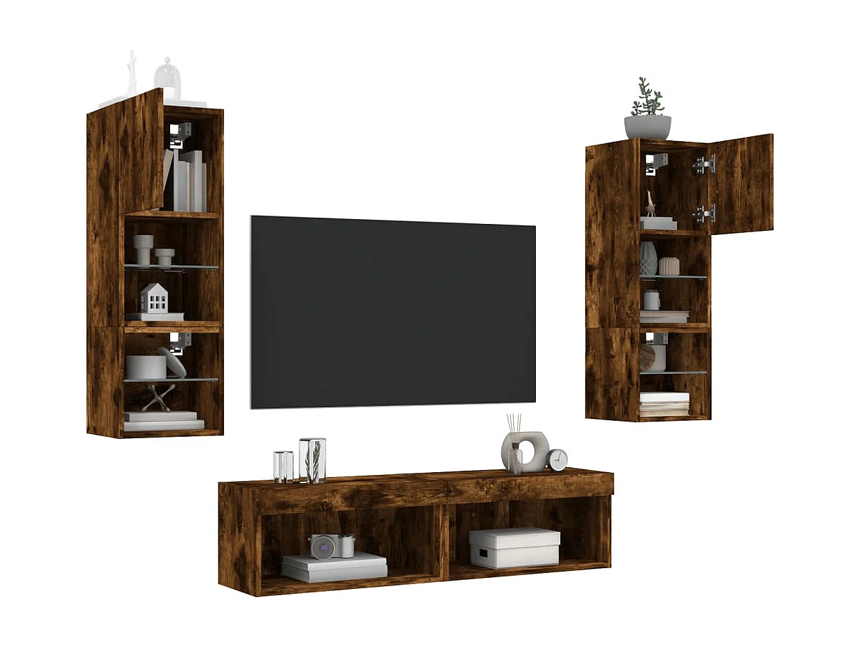 Muebles TV pared con LED 6 pzas madera ingeniería roble ahumado