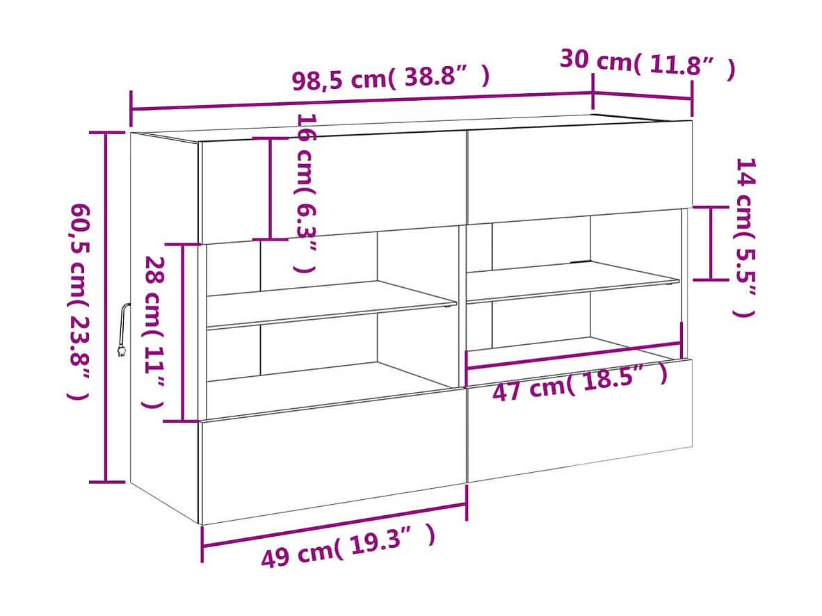 Móvel de parede para TV com luzes LED 98,5x30x60,5 cm preto