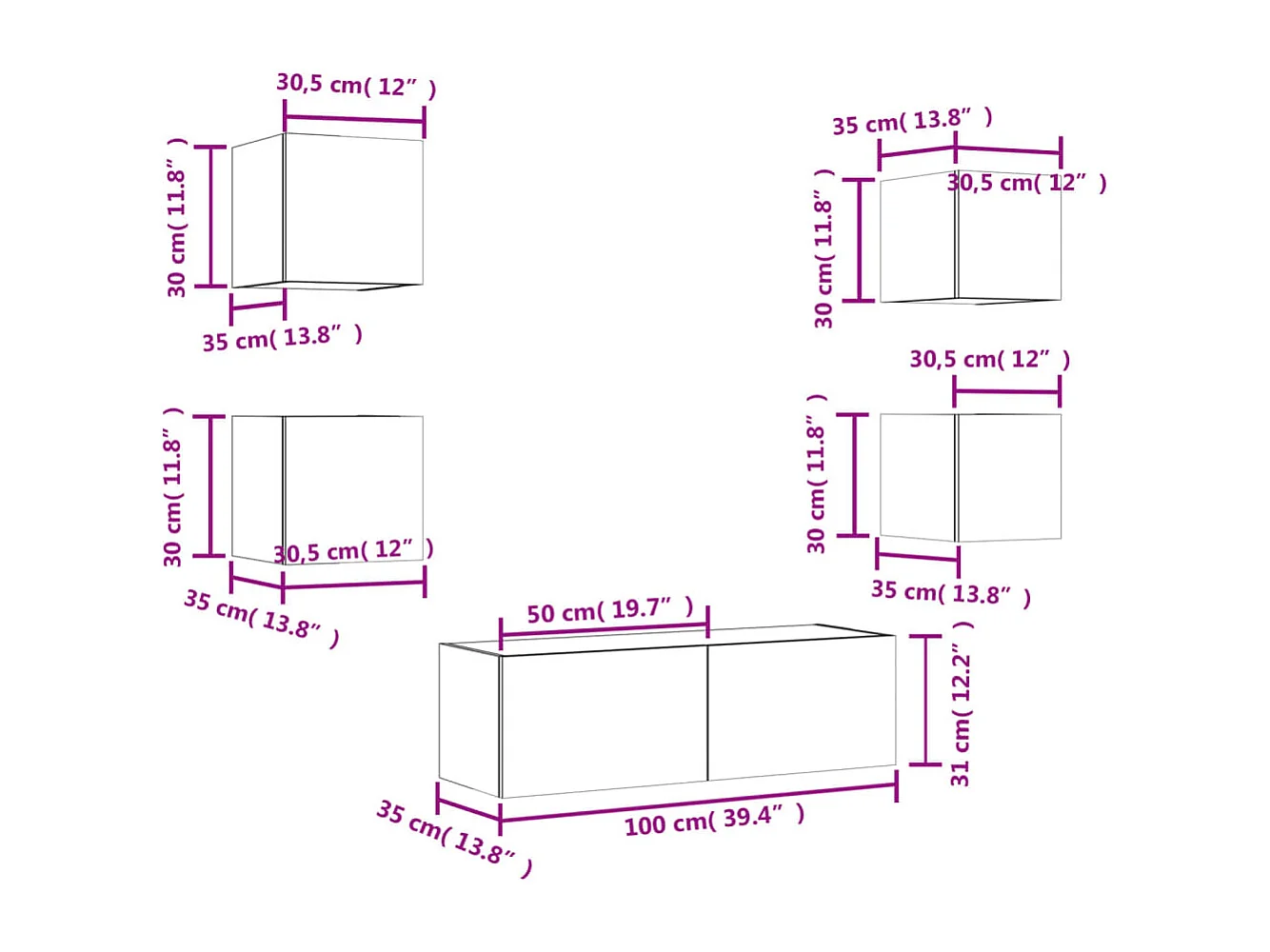 5 pcs móveis de parede para TV com luzes LED carvalho fumado