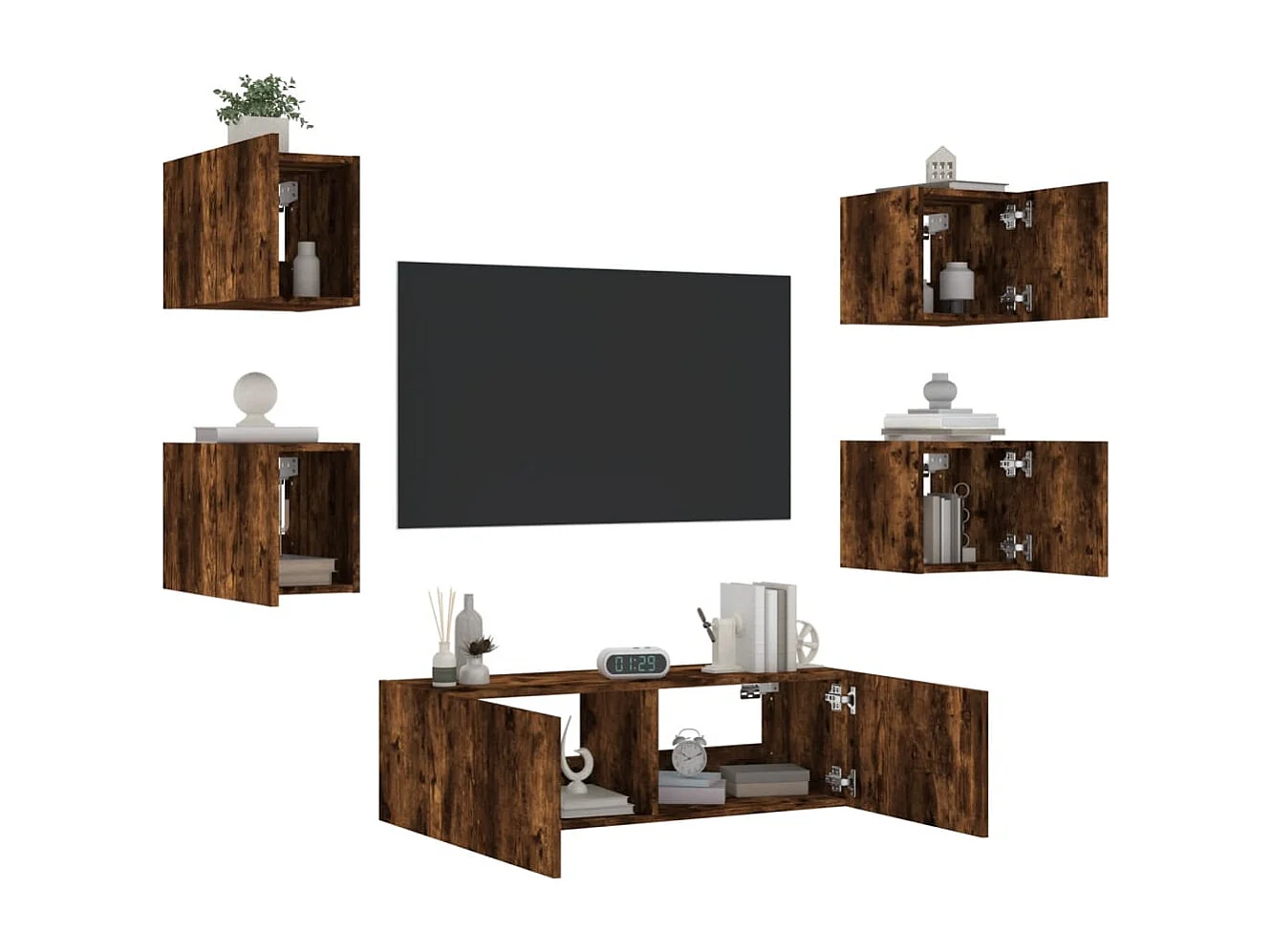 5 pcs móveis de parede para TV com luzes LED carvalho fumado