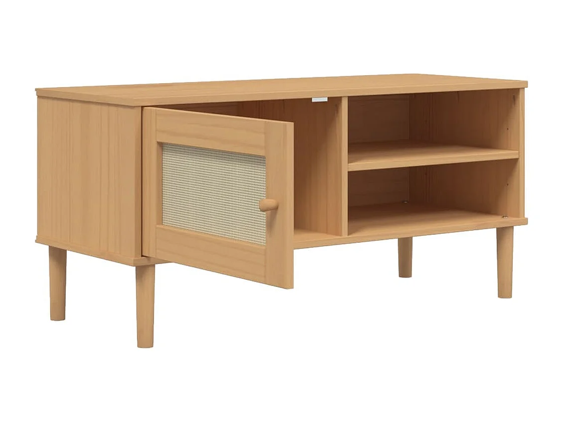 Meuble TV SENJA aspect rotin marron 106x40x49cm bois massif pin