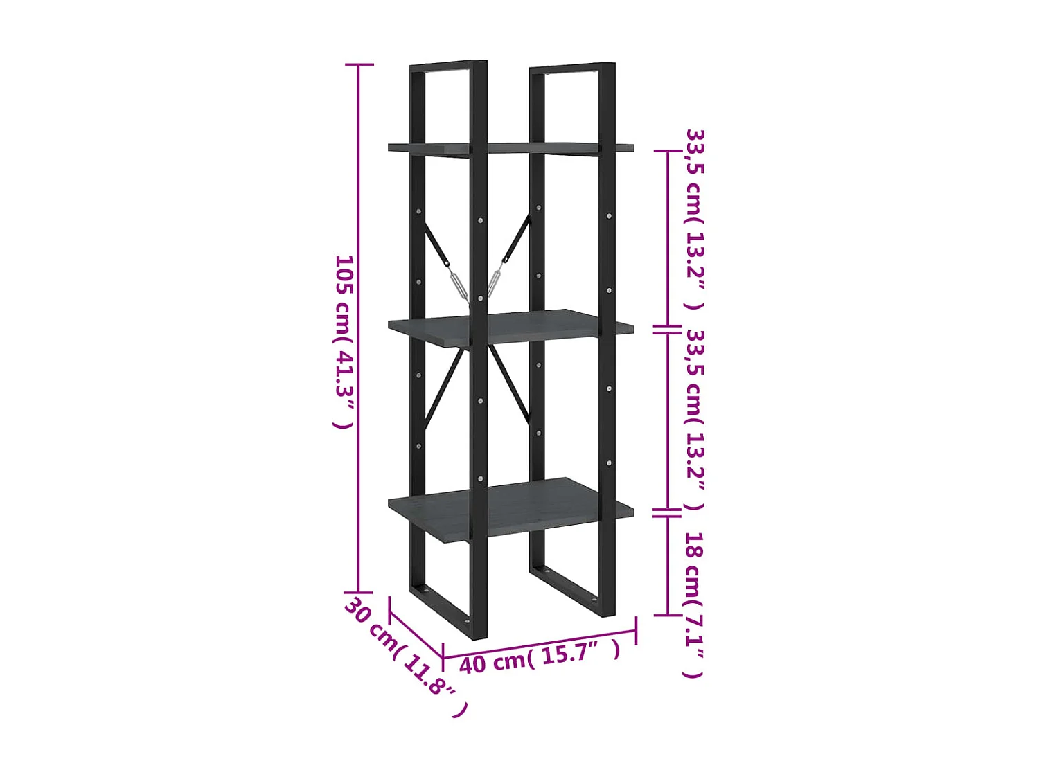 Bibliothèque à 3 niveaux Gris 40x30x105 cm Bois de pin massif