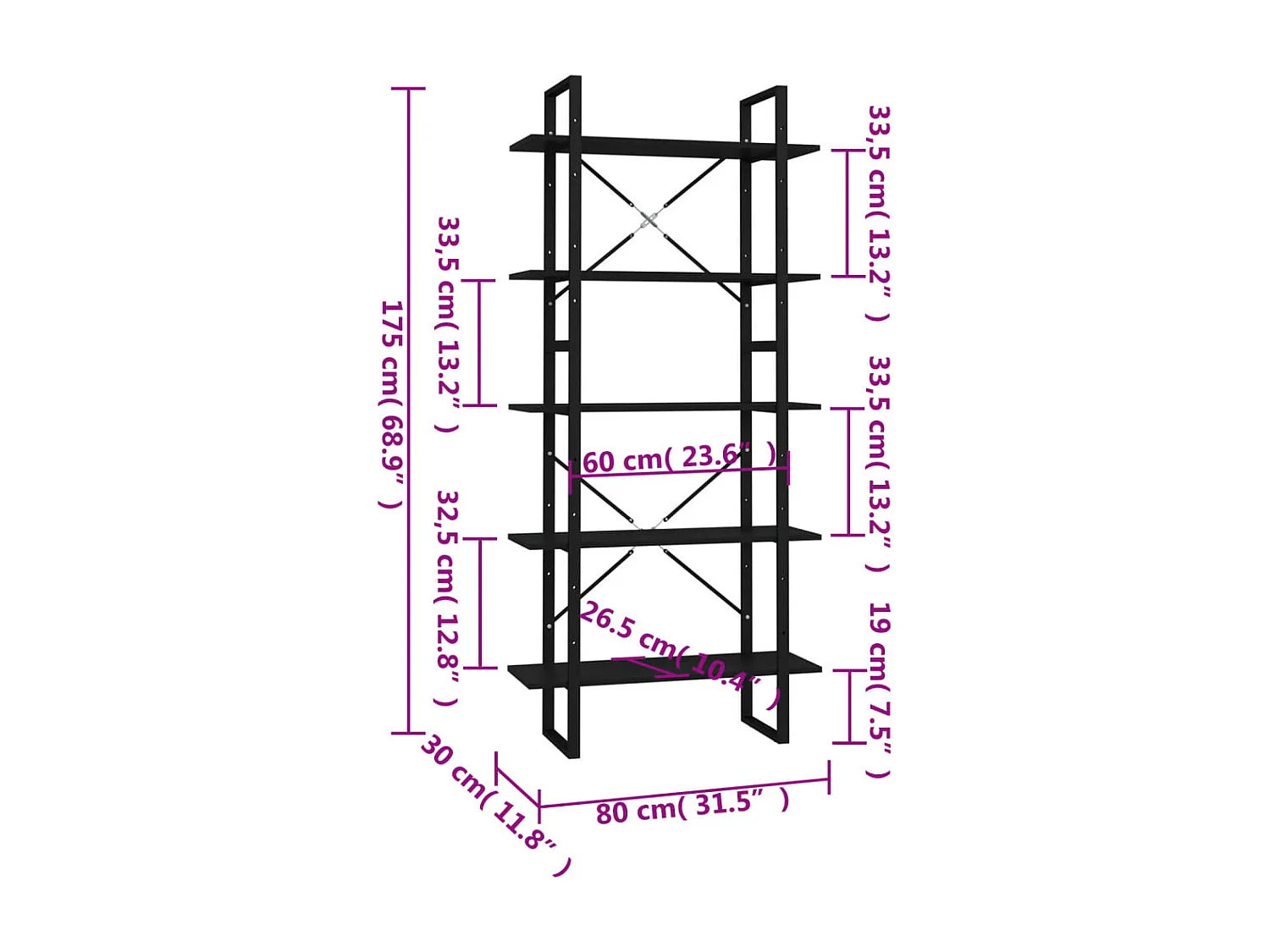 Bibliothèque à 5 niveaux Noir 80x30x175 cm Bois d'ingénierie
