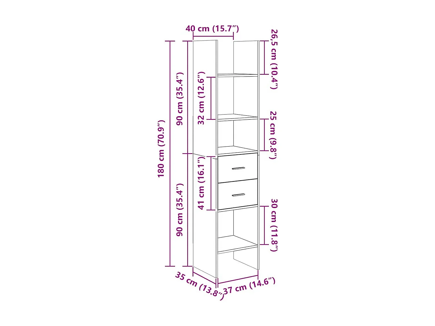 Boekenkast 40x35x180 cm bewerkt hout wit