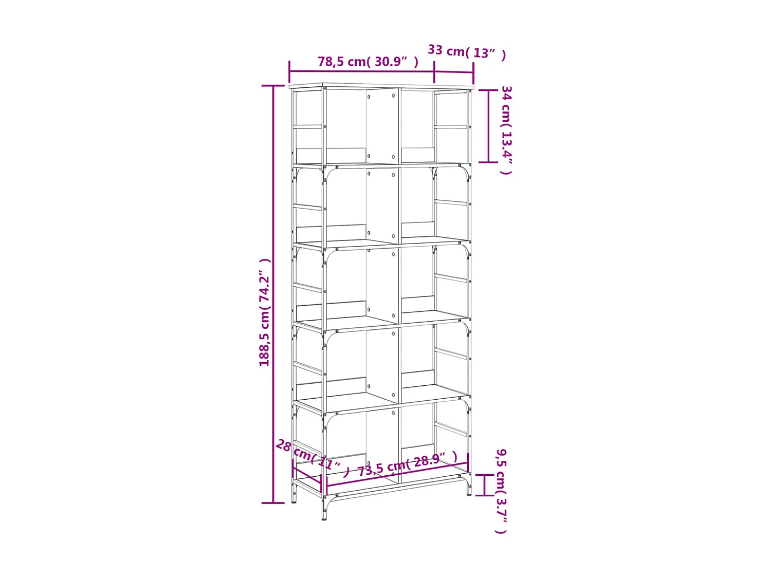 Libreria Nera 78,5x33x188,5 cm in Legno Multistrato