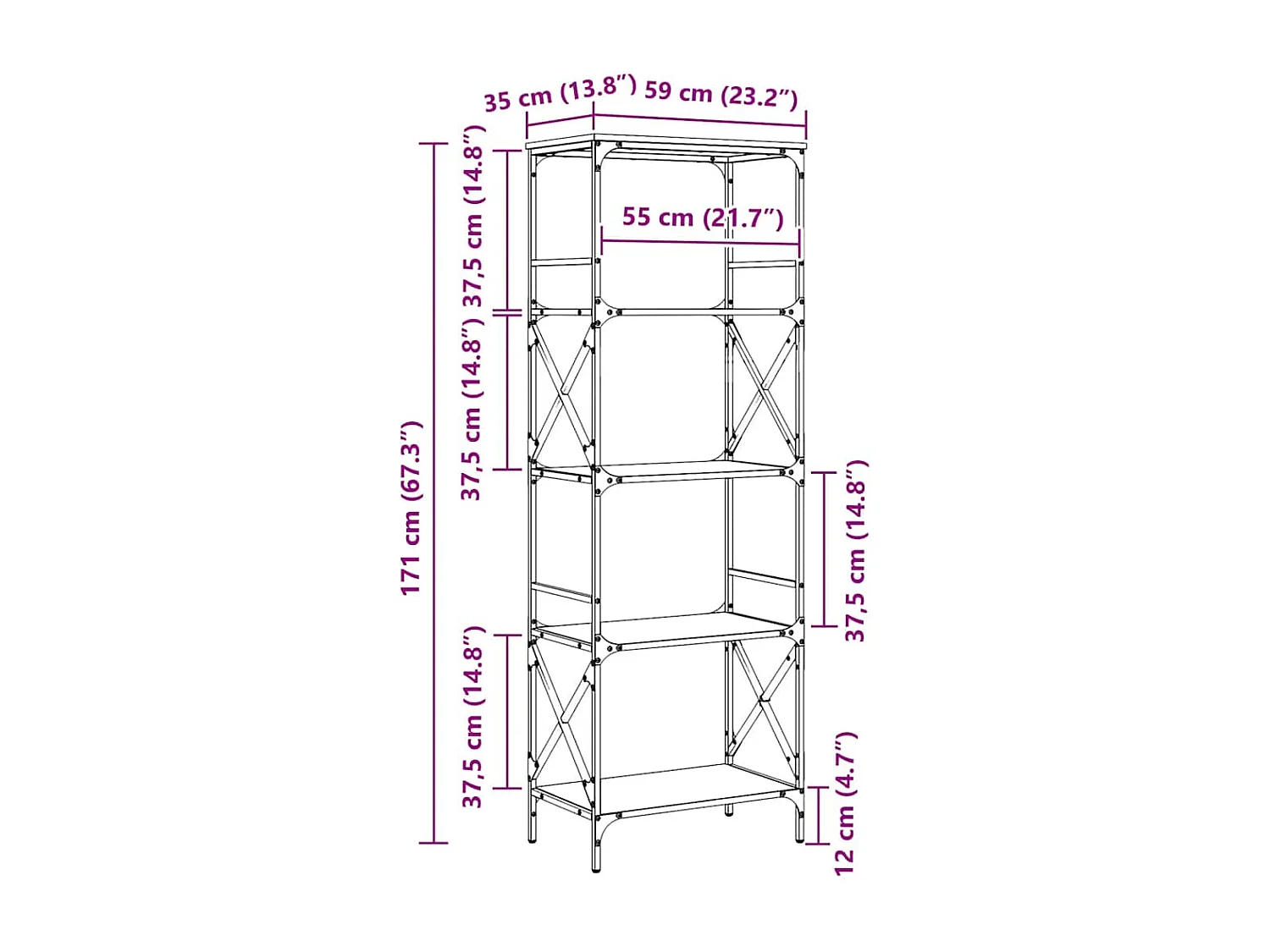 Libreria a 5 Ripiani Nera 59x35x171 cm in Legno Multistrato