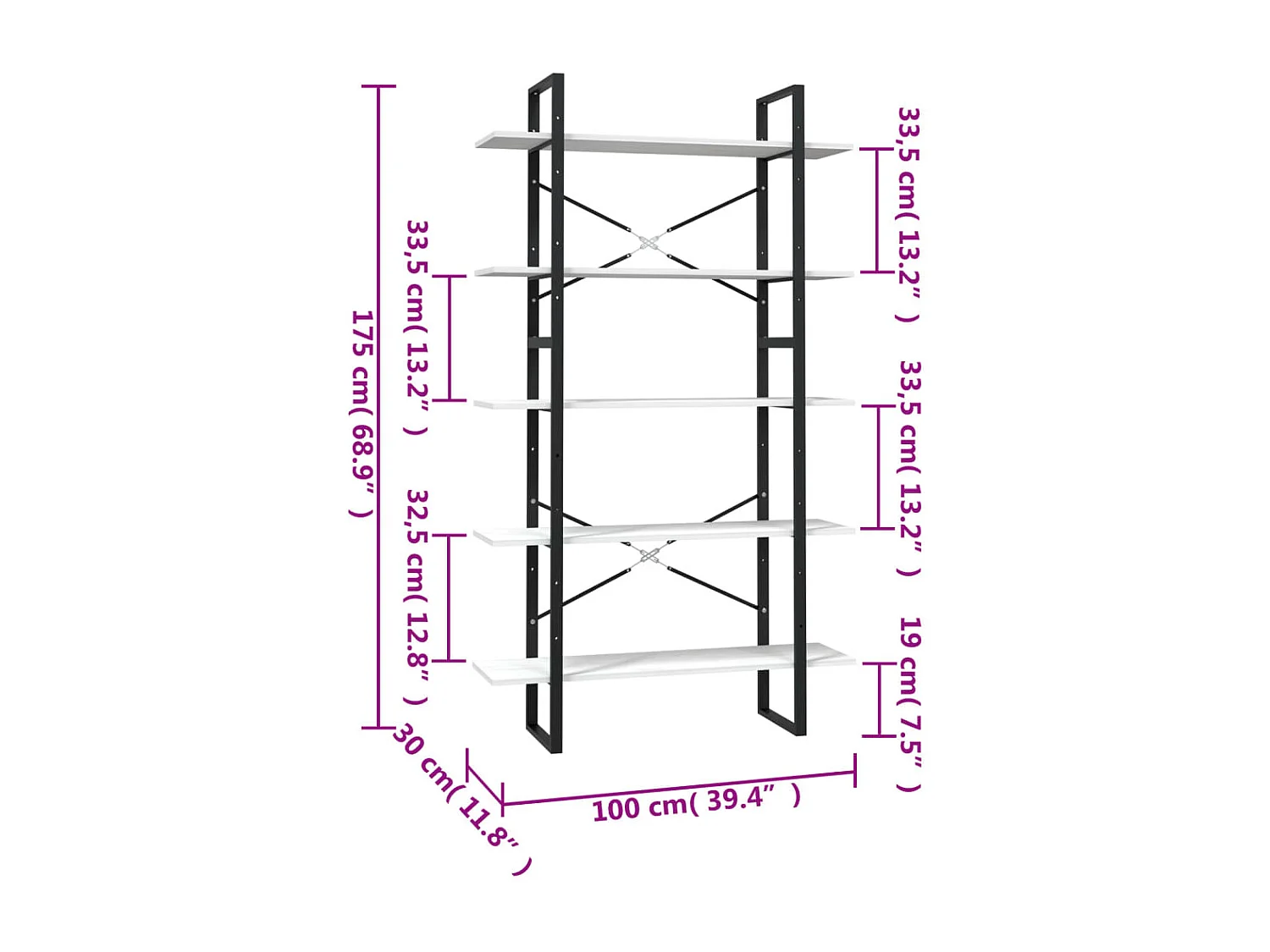Bibliothèque à 5 niveaux Blanc 100x30x175 cm Bois de pin