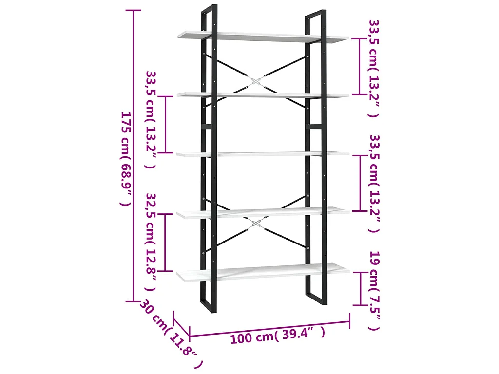 Bibliothèque à 5 niveaux Blanc 100x30x175 cm Bois de pin