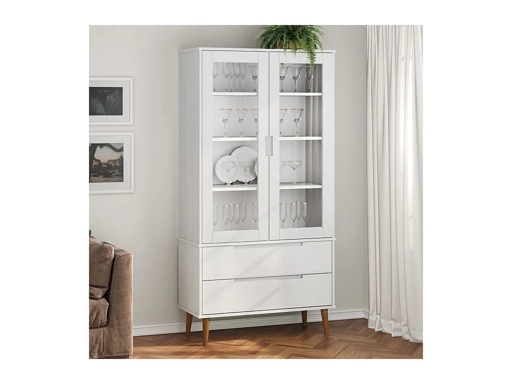 Vetrina MOLDE Bianca 90x35x175 cm in Legno Massello di Pino