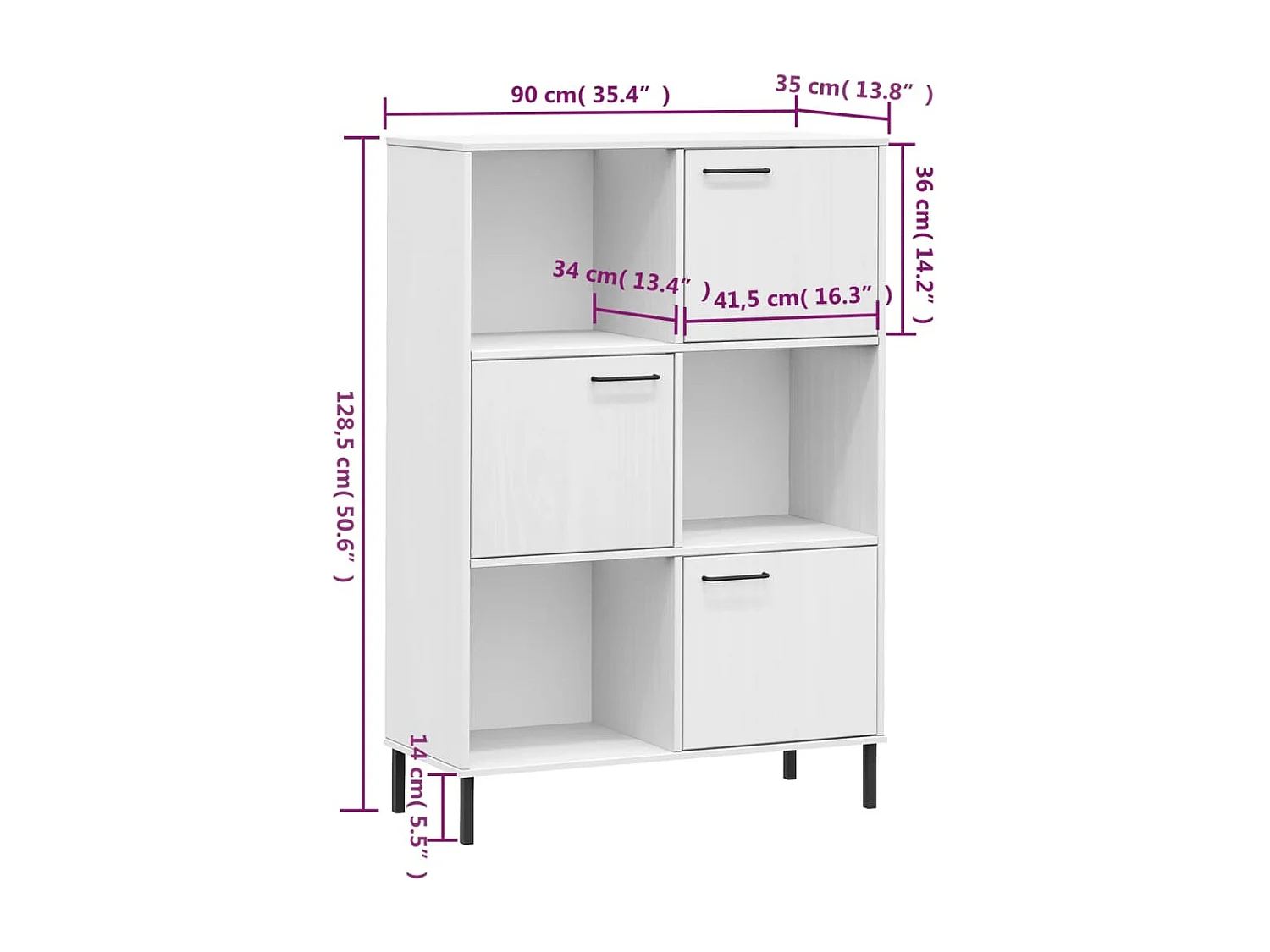 Bücherregal OSLO mit Metallbeinen Weiß 90x35x128,5cm Massivholz