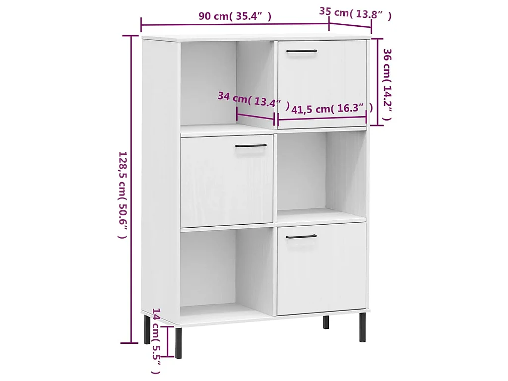 Biała Drewniana Biblioteczka OSLO z Metalowymi Nóżkami 90x35x128,5 cm - 6 Przegródek, Solidna i Elegancka