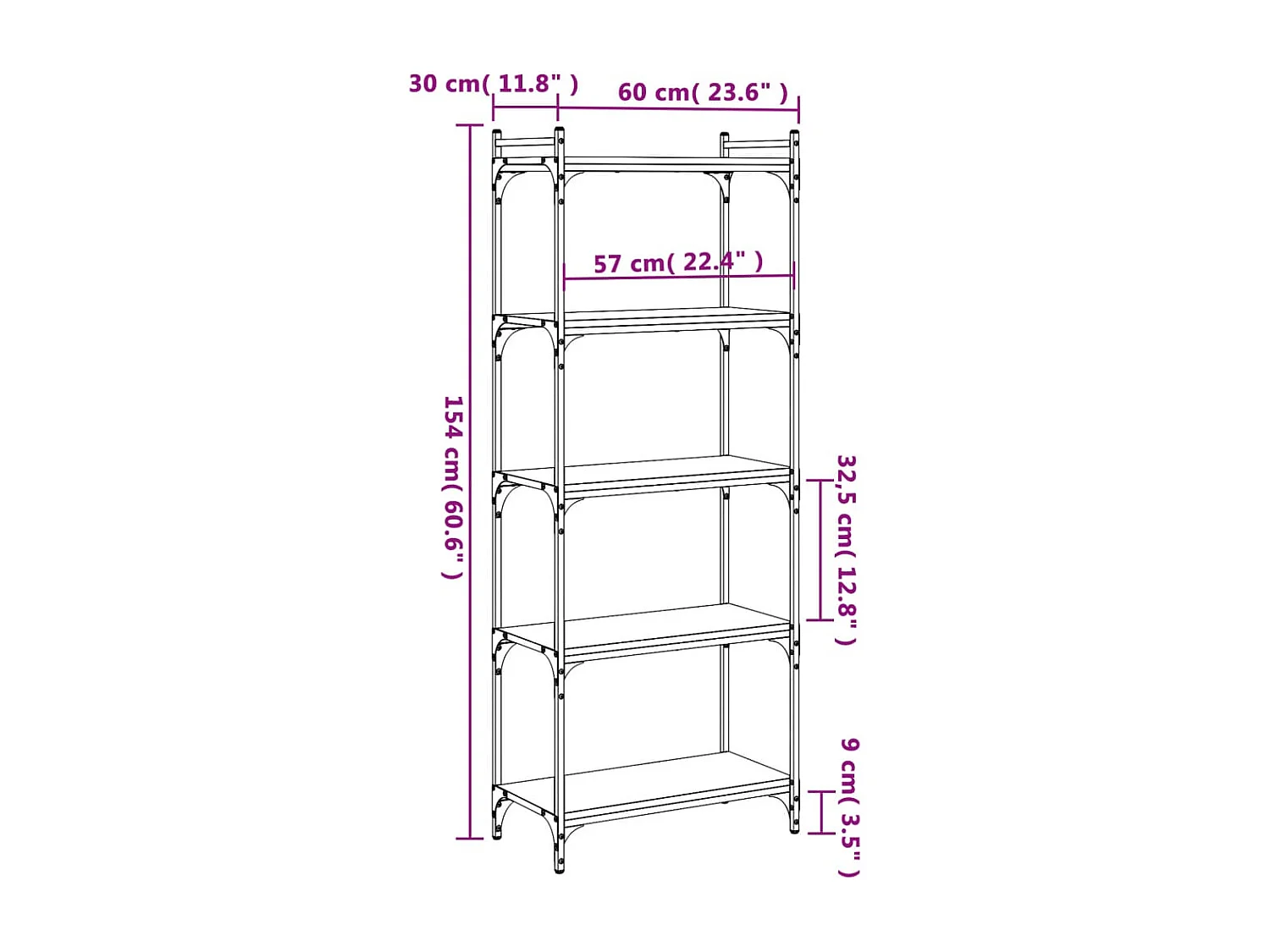 Bücherregal 5 Böden Schwarz 60x30x154 cm Holzwerkstoff