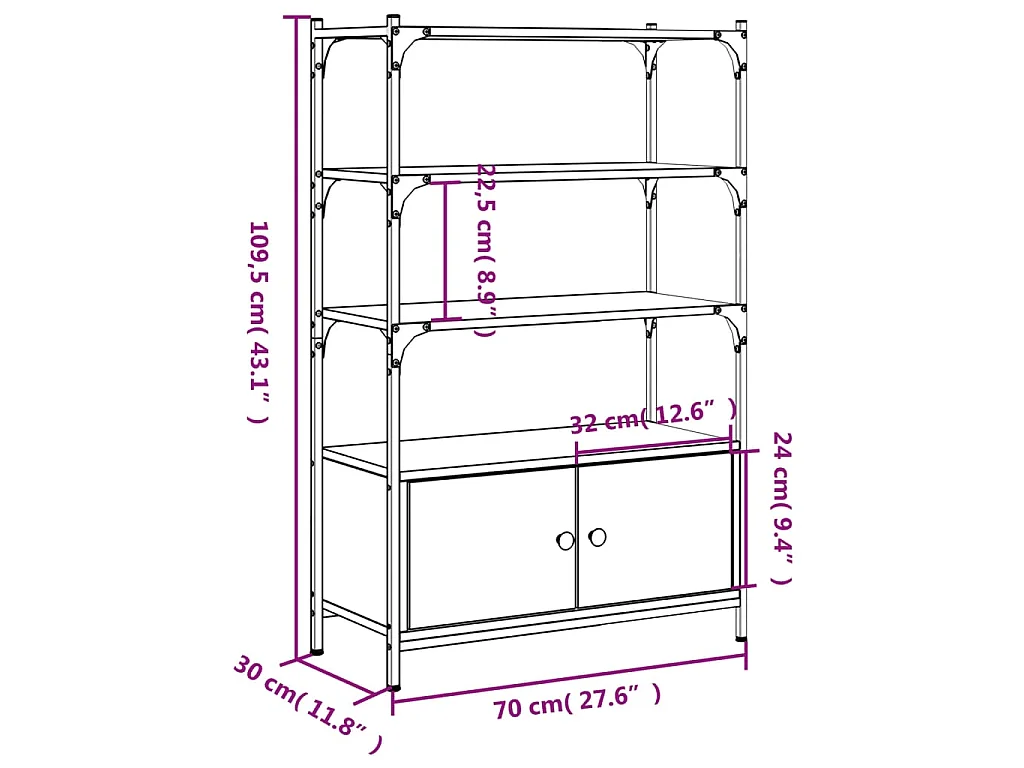 Bibliothèque à 3 niveaux chêne fumé 70x30x109,5 cm