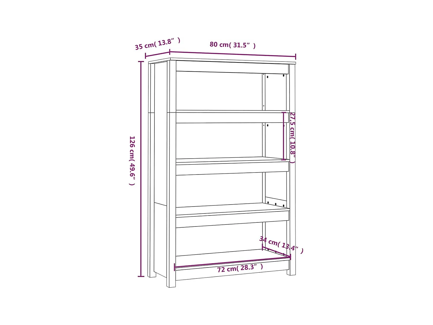 Estantería madera maciza de pino blanca 80x35x126 cm