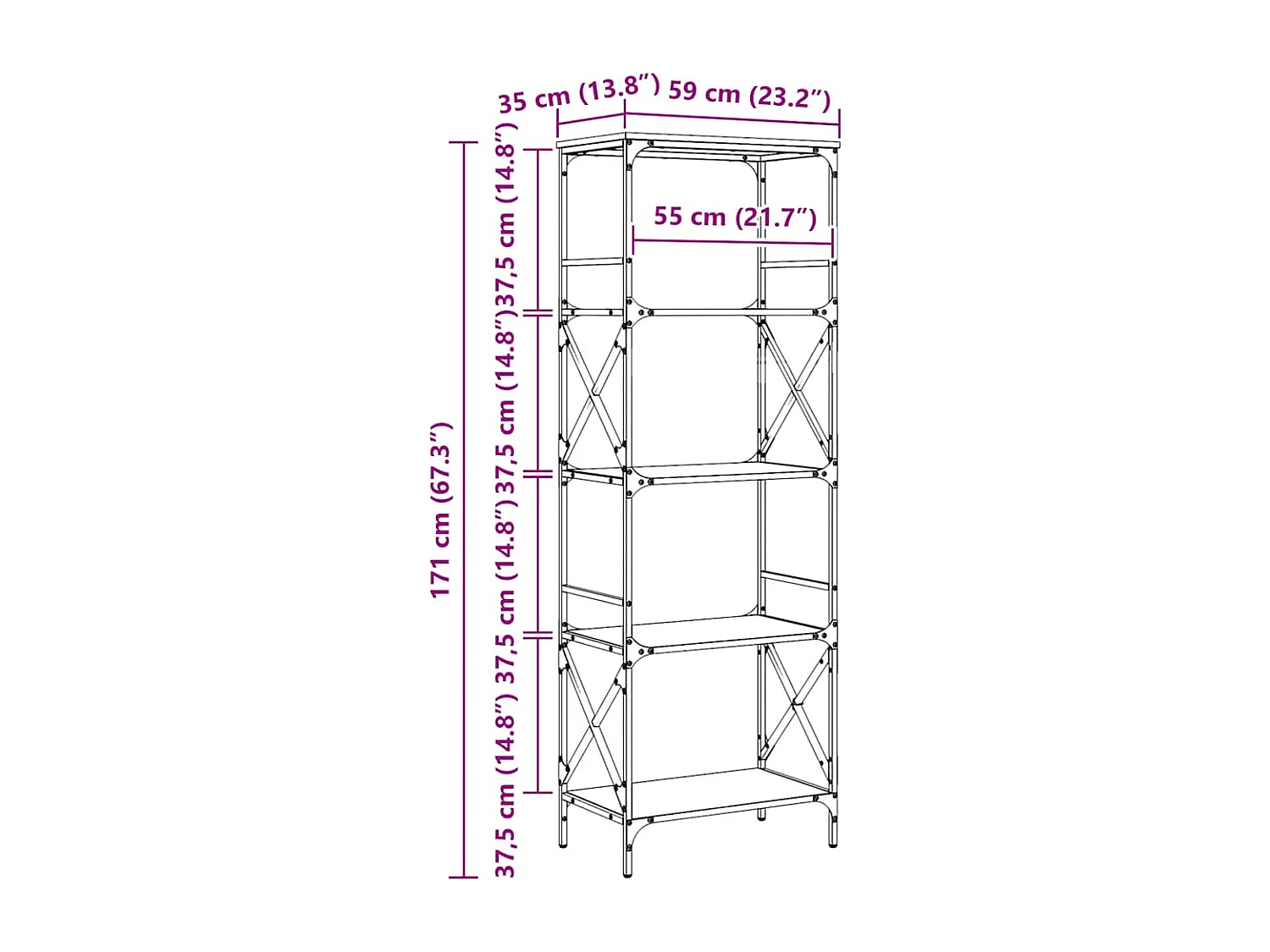 Bücherregal 5 Böden Räuchereiche 59x35x171 cm Holzwerkstoff