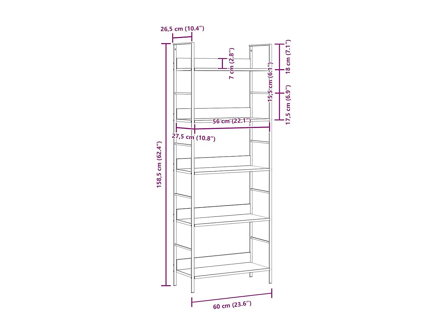 Bibliothèque à 5 niveaux noir 60x27,6x158,5cm bois d'ingénierie