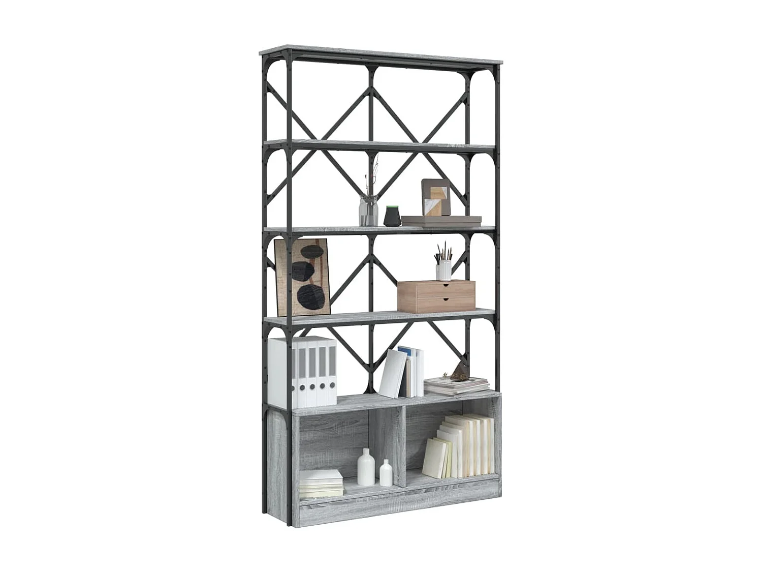 Boekenkast 100x26x180 cm bewerkt hout en metaal grijs sonoma