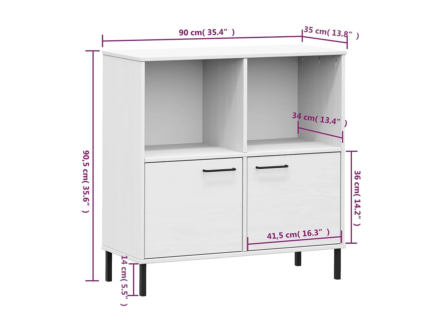 Estante c/ pernas metal 90x35x90,5cm madeira maciça OSLO branco
