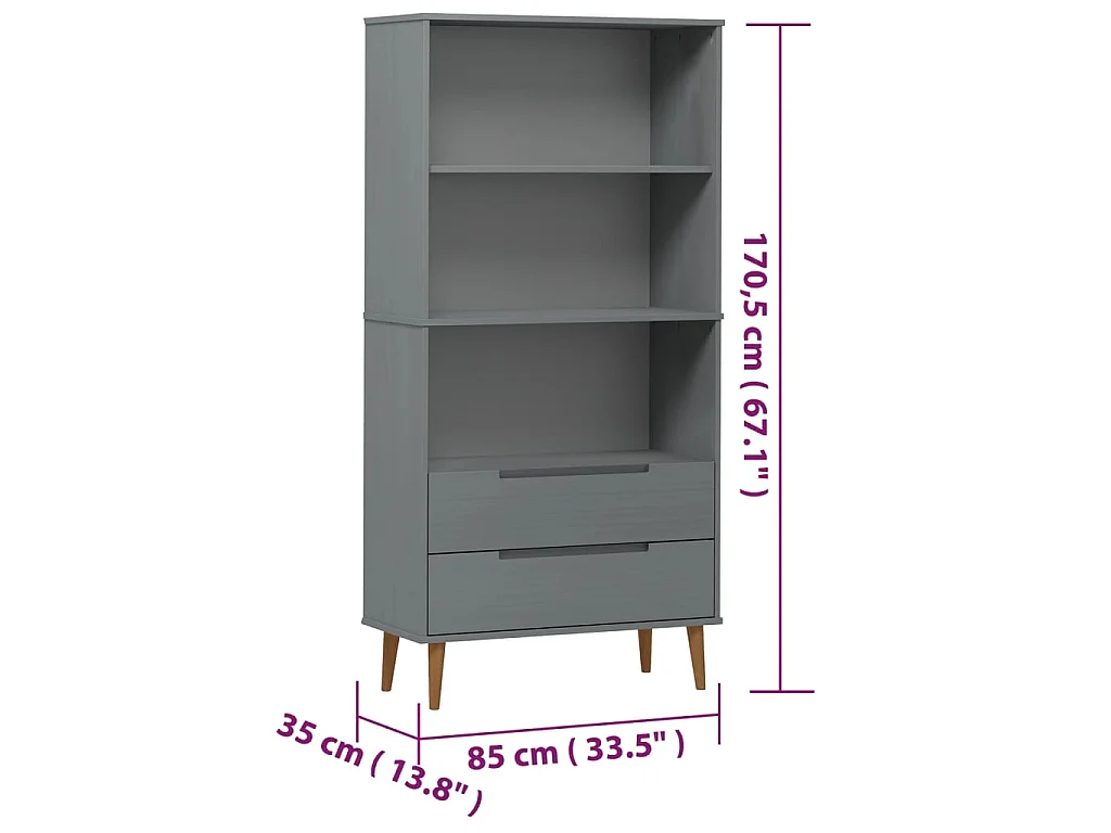 Boekenkast MOLDE 85x35x170,5 cm massief grenenhout grijs