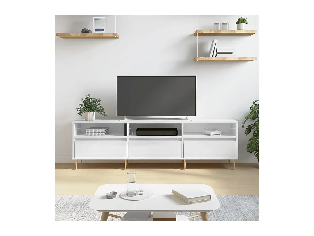 Meuble TV blanc brillant 150x30x44,5 cm bois d'ingénierie