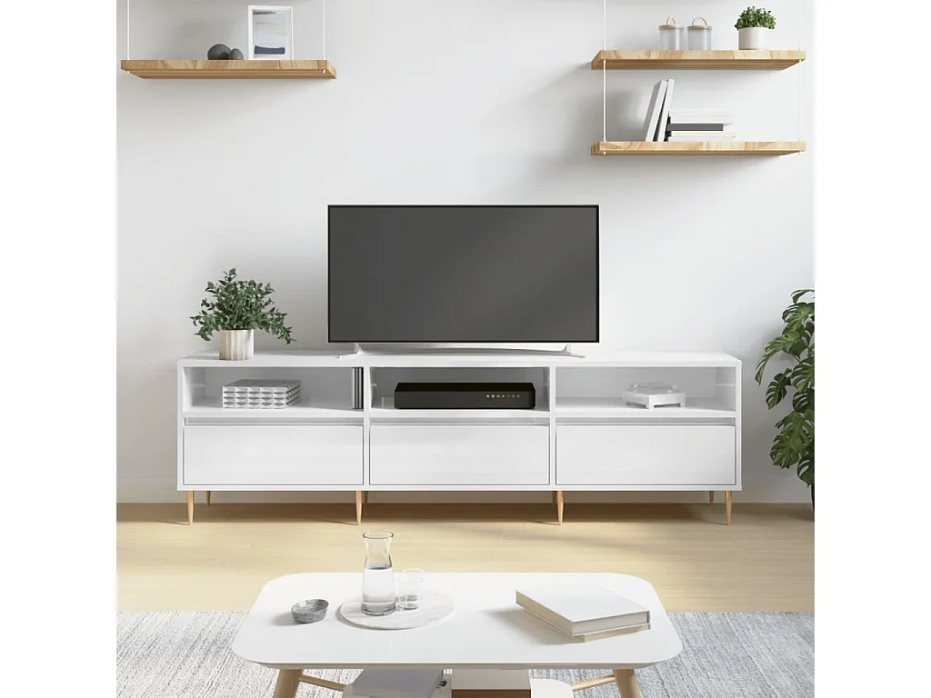 Mueble de TV madera contrachapada blanco brillo 150x30x44,5 cm