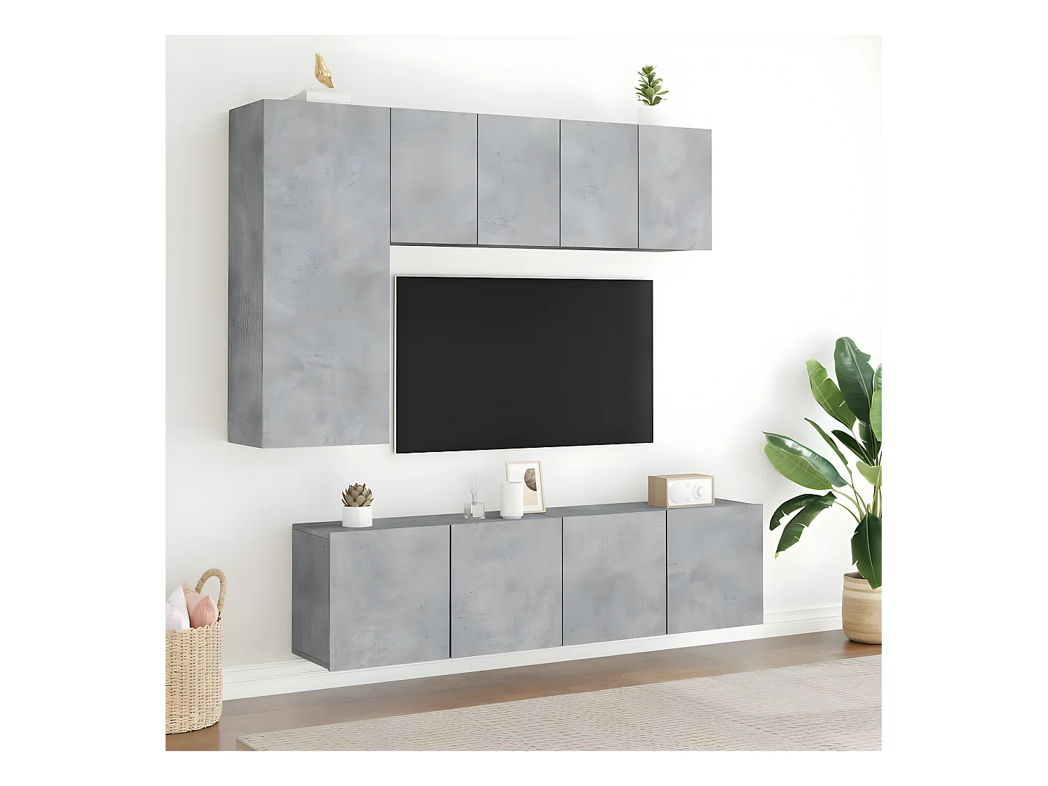 Zestaw mebli ściennych TV z 5 elementów z inżynierskiego drewna w szarym betonie