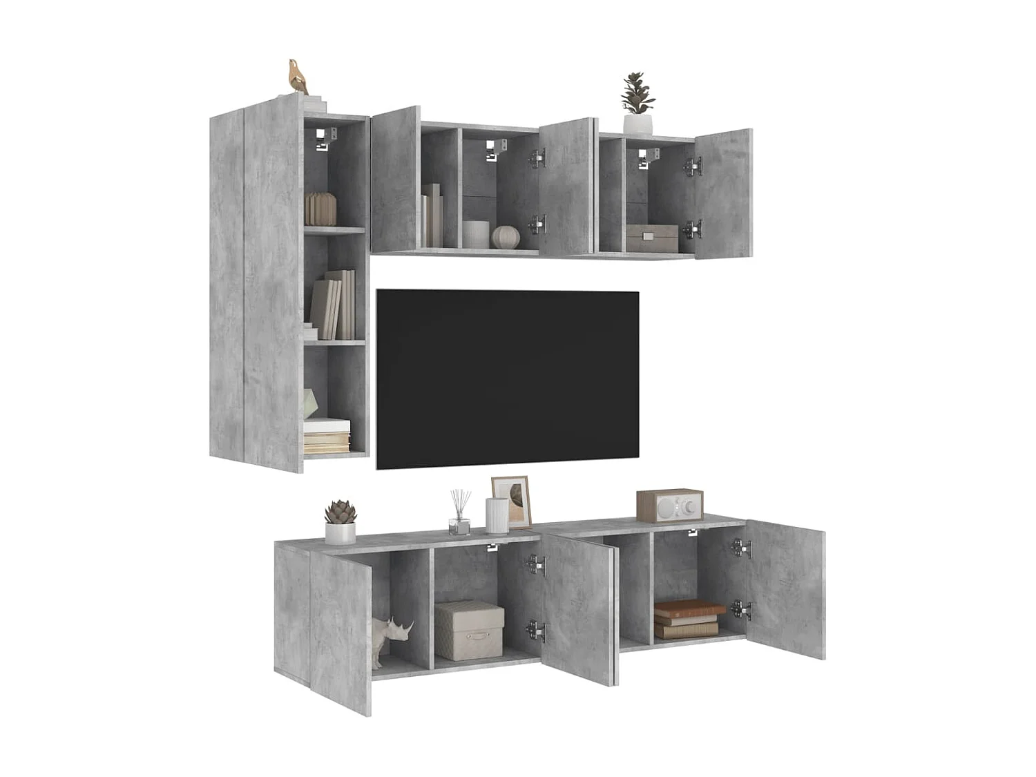 Mobili TV a Muro con LED 5pz Grigio Cemento Legno Multistrato