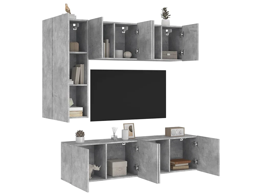 Mobili TV a Muro con LED 5pz Grigio Cemento Legno Multistrato