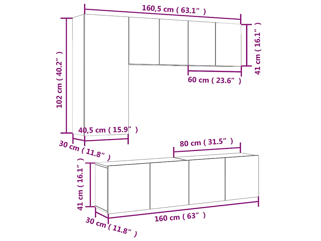 Mobili TV a Muro con LED 5pz Grigio Cemento Legno Multistrato