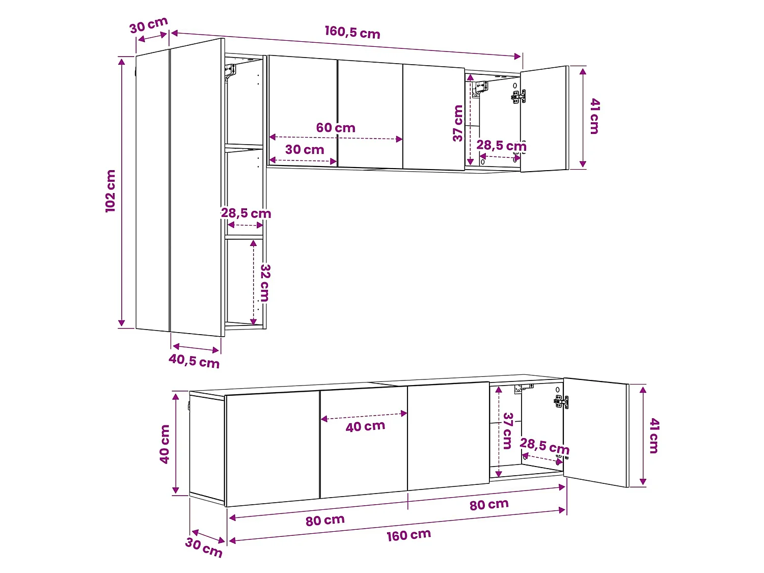 Unités murales TV 5 pcs gris béton bois d'ingénierie