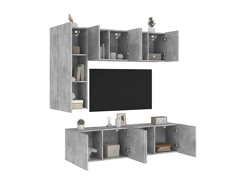 Mobili TV a Muro con LED 5pz Grigio Cemento Legno Multistrato